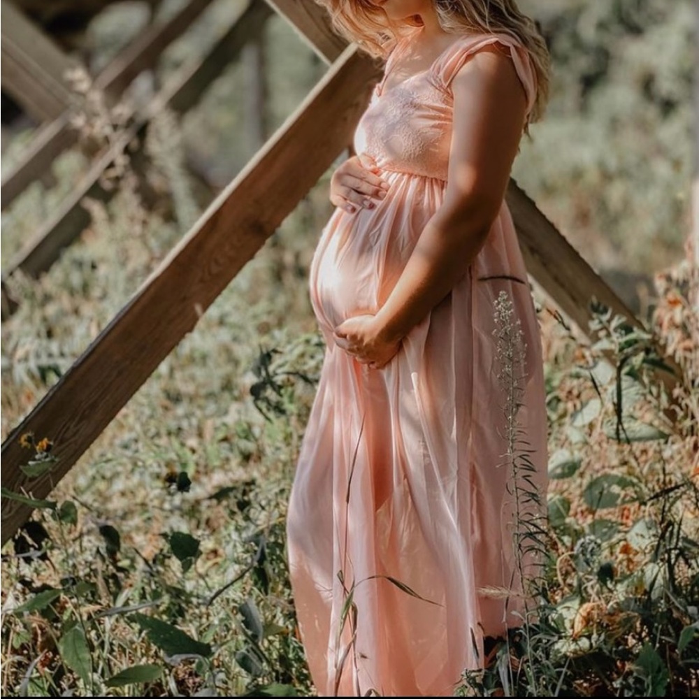 Peach Pink Off Shoulder Chiffon Maternity Gown Dress S Small - Picture 3 of 10